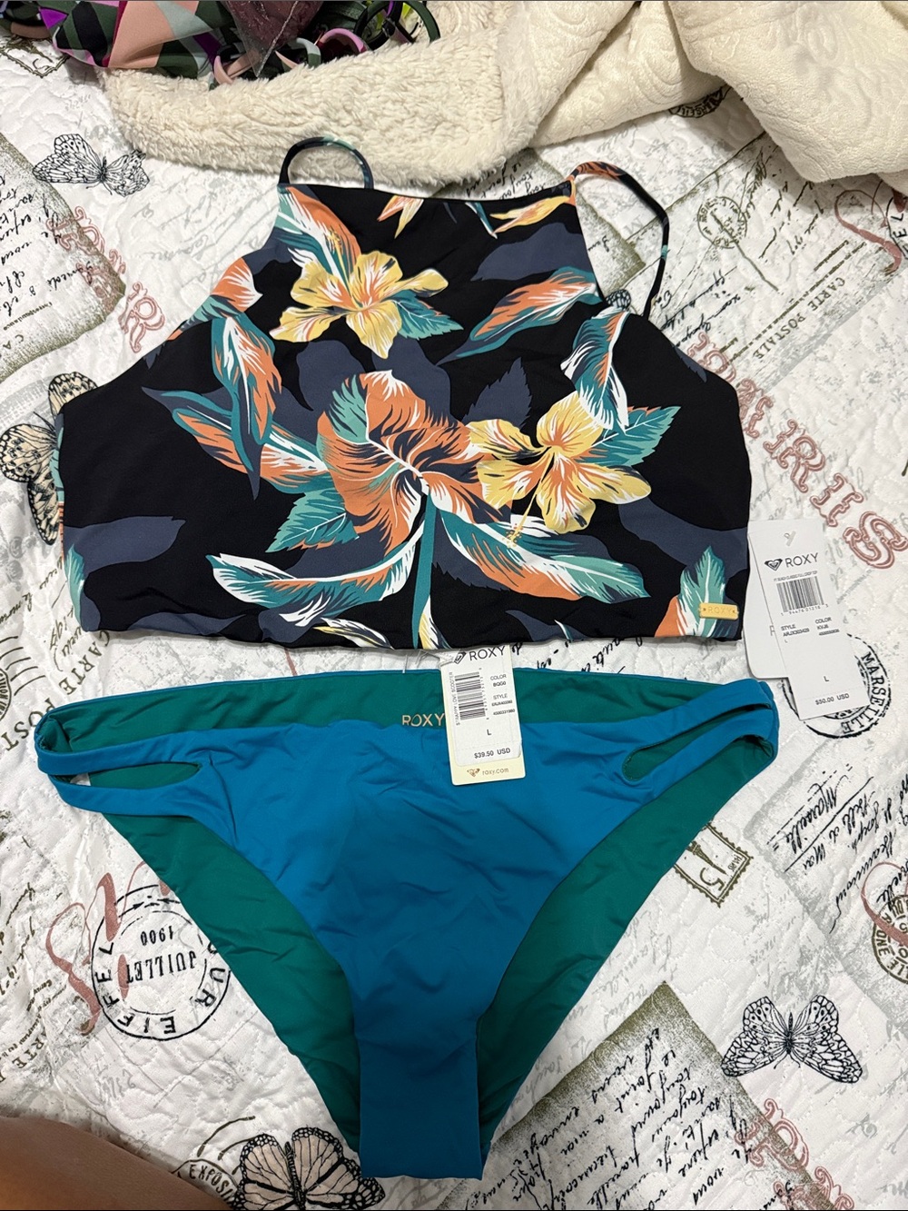 Roxy Black Floral High-Neck Bikini Top with Teal & Green Bottoms